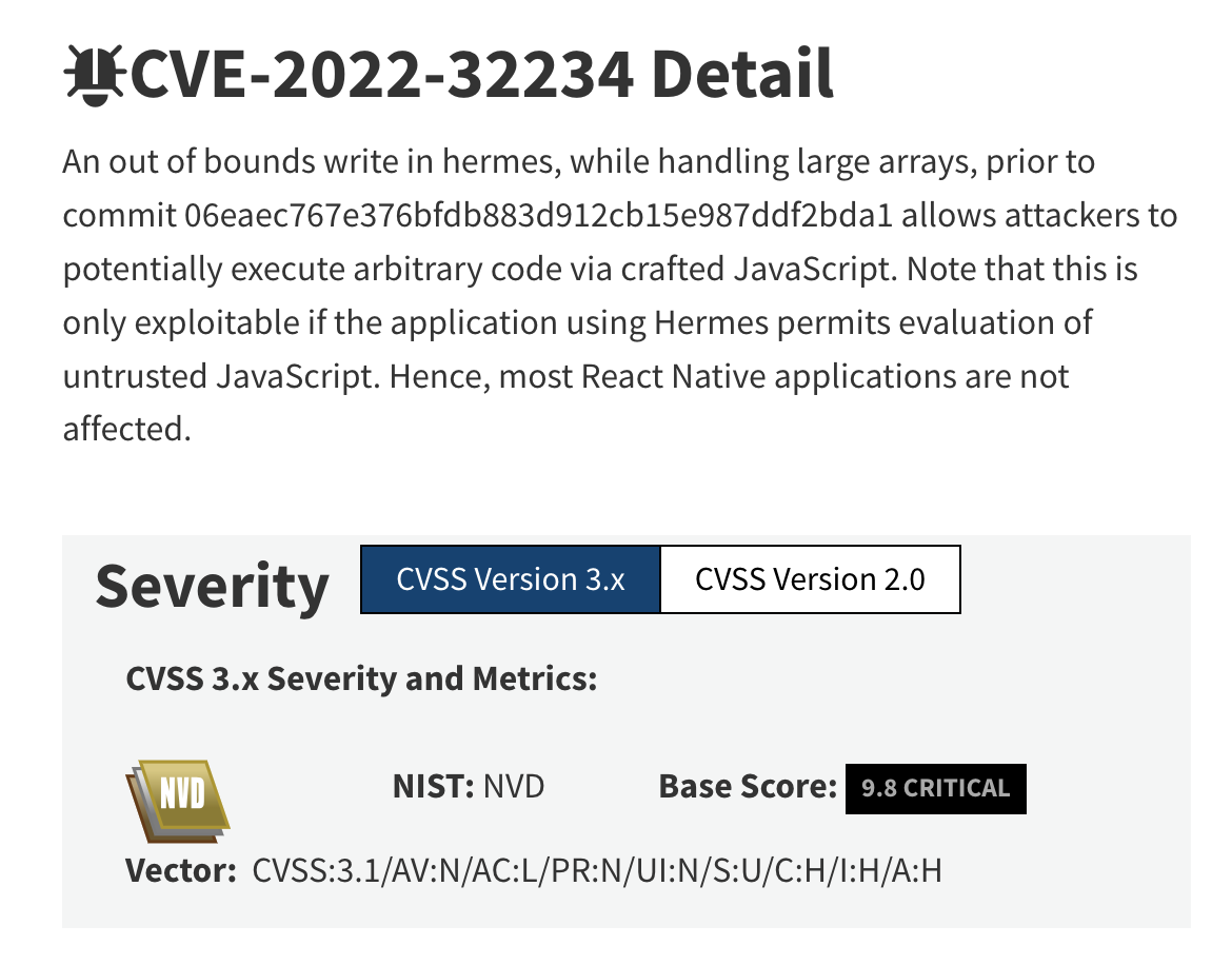 Hermes CVE-2022-32234 could lead to the arbitrary code execution