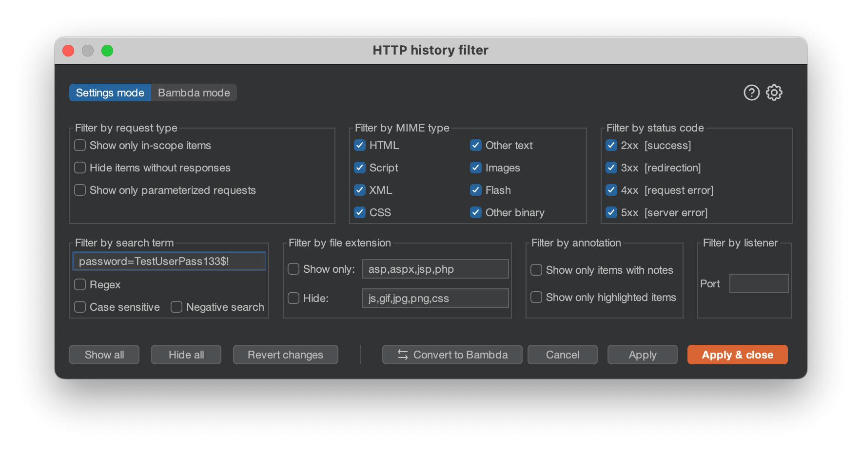 HTTP history filter settings