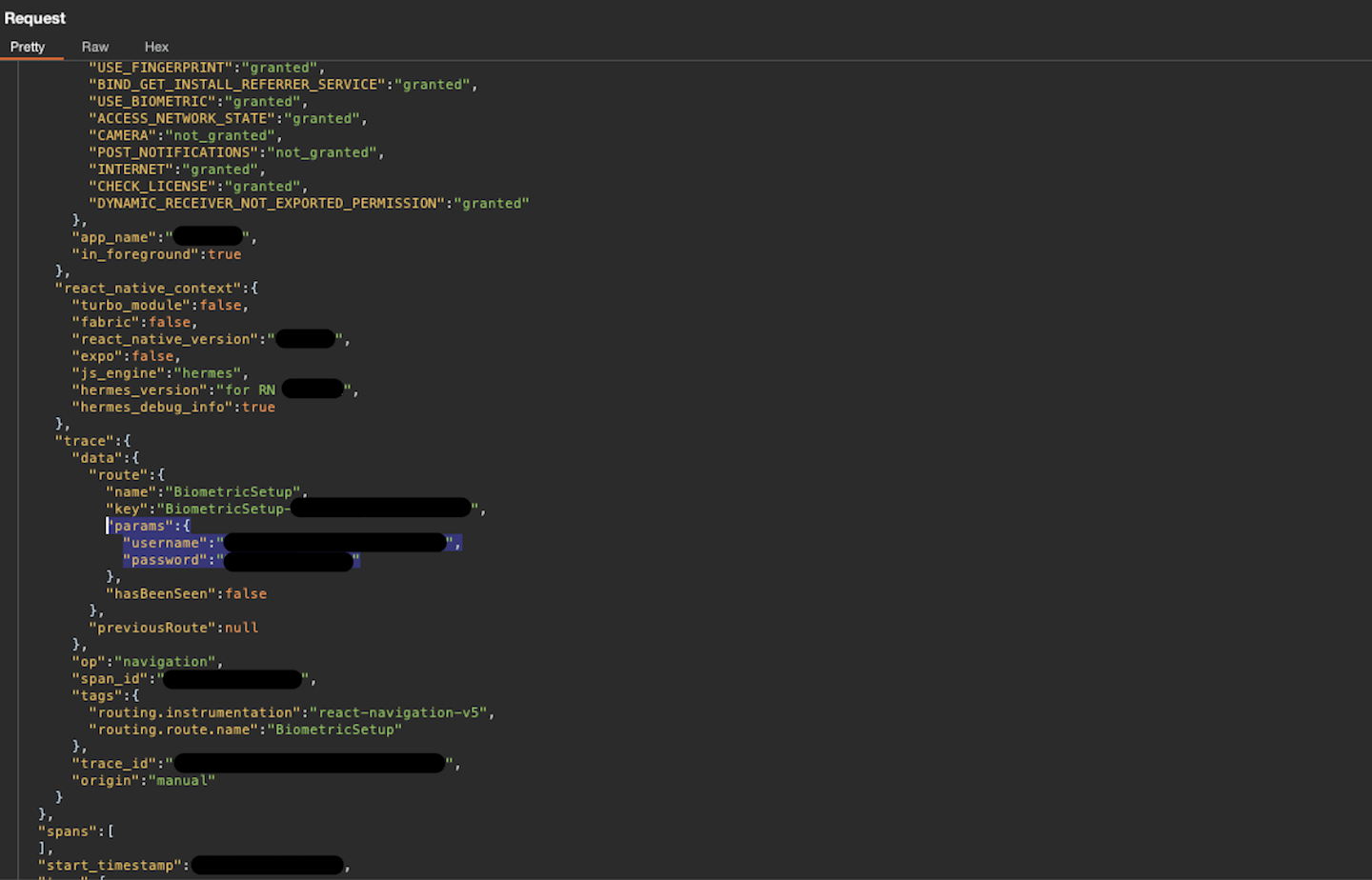 HTTP request payload showing user credentials sent to analytics backend